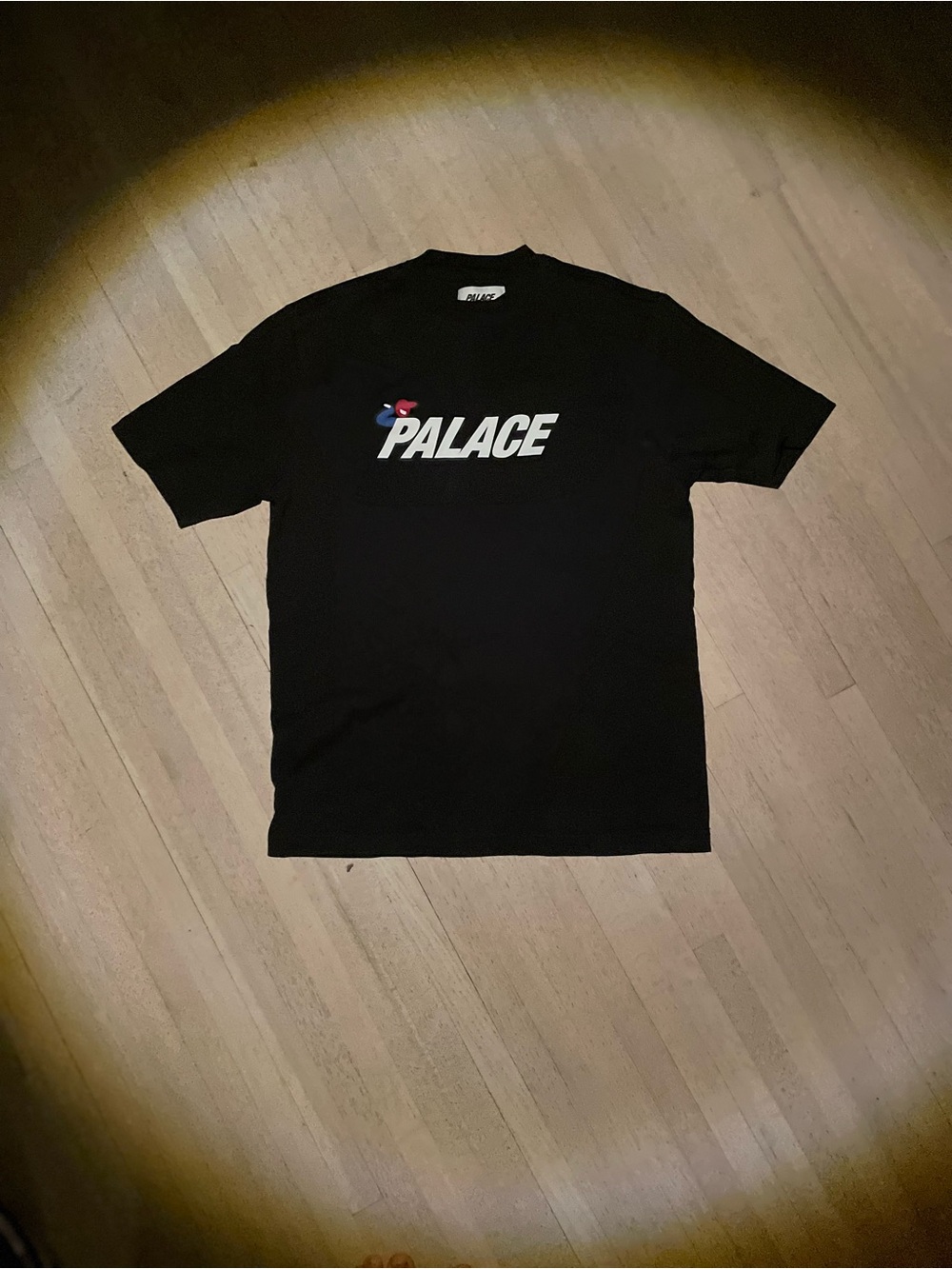 PALACE Black T-Shirt with White Logo and Small Red & Blue Accent